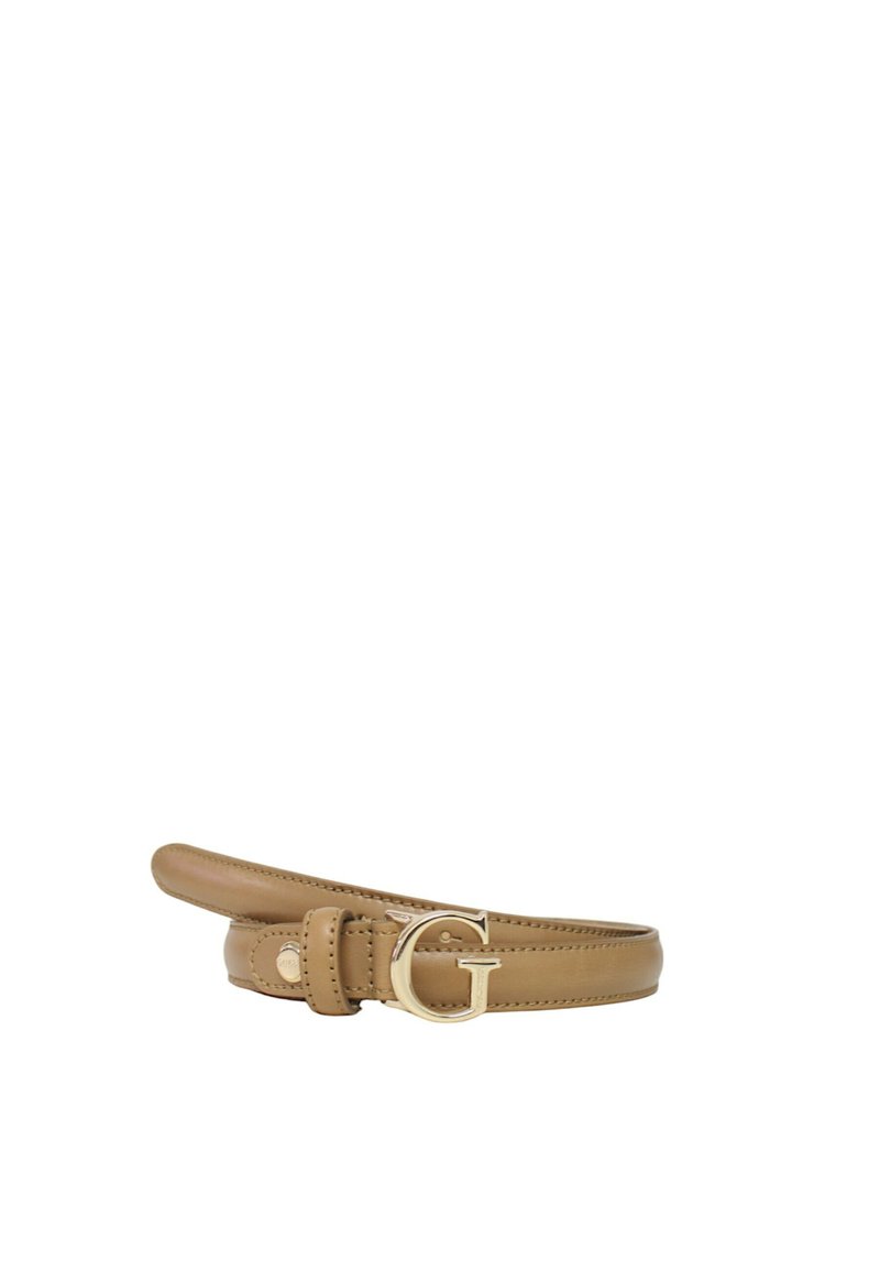 Cintura in pelle color cuoio con una superficie liscia, dotata di una fibbia a forma di G dorata e un'unica punta regolabile per la chiusura.