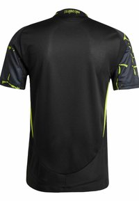 Schwarzes Fahrradtrikot mit kurzen Ärmeln, strukturierten grauen Einsätzen, neon-grünen Akzenten und einem gebogenen Saumdesign.