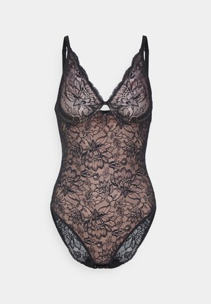 Svart spetsbodysuit med blommönster, djup urringning, justerbara axelband och en nyckelhålssnörning fram. Genomskinlig textur.
