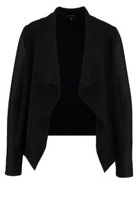 Czarny krótki kardigan z otwartym przodem, wykonany z jednolitego materiału z teksturowanymi, dzianinowymi rękawami. Minimalistyczny design bez widocznych zapięć.