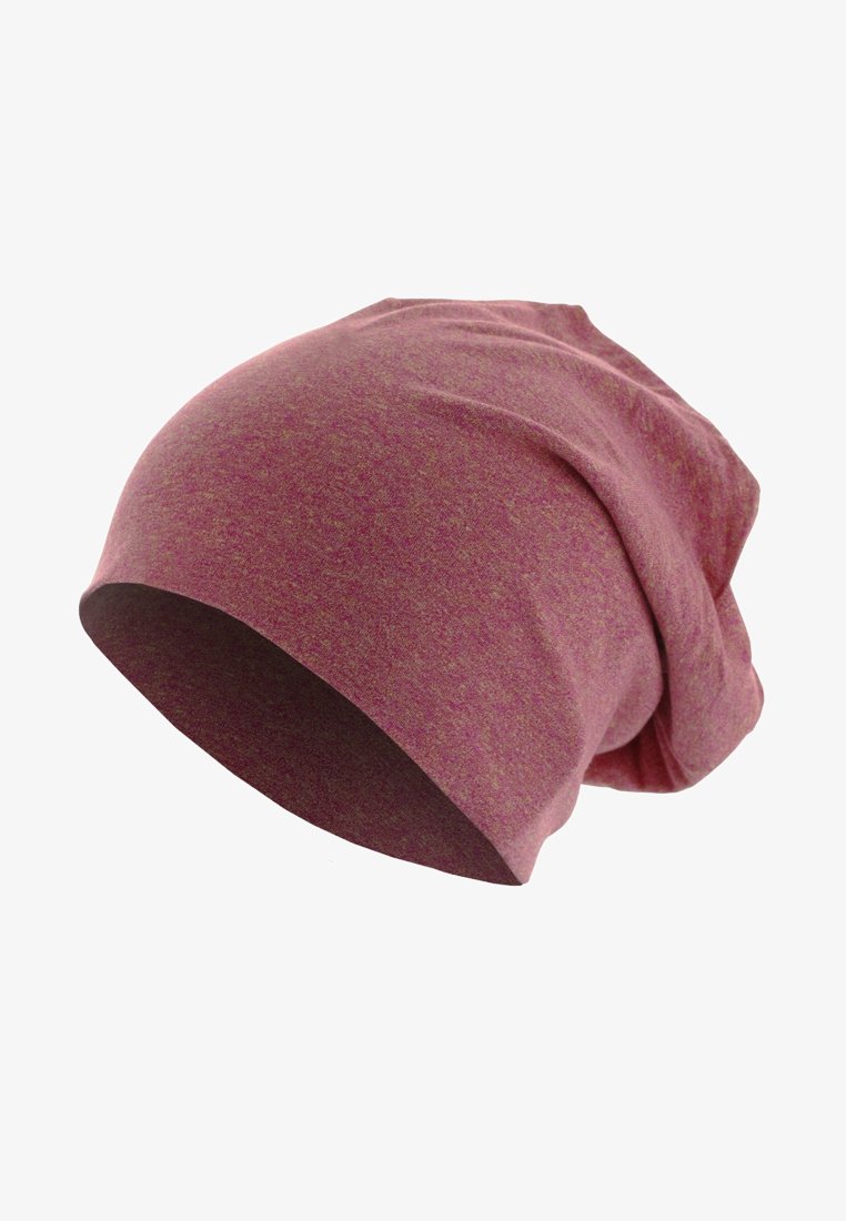 Gorro de lana en un tejido de rosa profundo jaspeado, con un diseño suelto y holgado. Textura suave con un acabado liso y sin hardware visible.