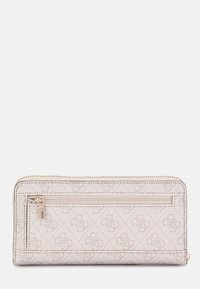 Ljusbeige plånbok med dragkedja, som har präglade logomönster, en slät yta och detaljer i guldton.