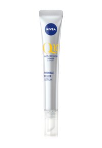 NIVEA Q10 Anti-Falten Filler Serum in einer silbernen Tube mit weißem und blauem Text, ausgestattet mit einer transparenten Dispenser-Spitze am Boden.