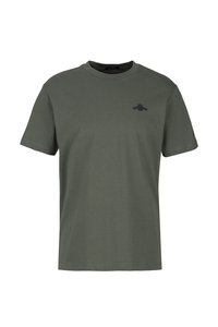 Olivgrünes Baumwoll-T-Shirt mit kurzen Ärmeln und Rundhalsausschnitt. Verfügt über ein kleines schwarzes Logo auf der Brust. Angenehme Textur, normale Passform.