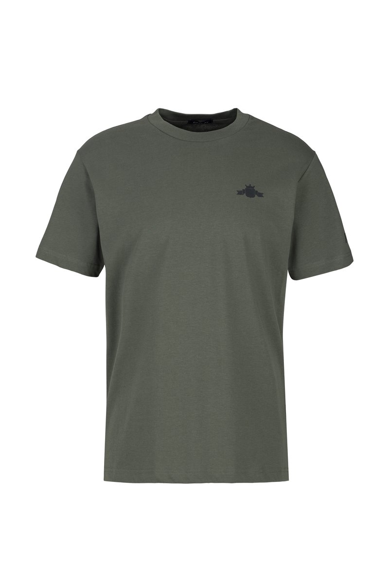 Olivgrünes Baumwoll-T-Shirt mit kurzen Ärmeln und Rundhalsausschnitt. Verfügt über ein kleines schwarzes Logo auf der Brust. Angenehme Textur, normale Passform.