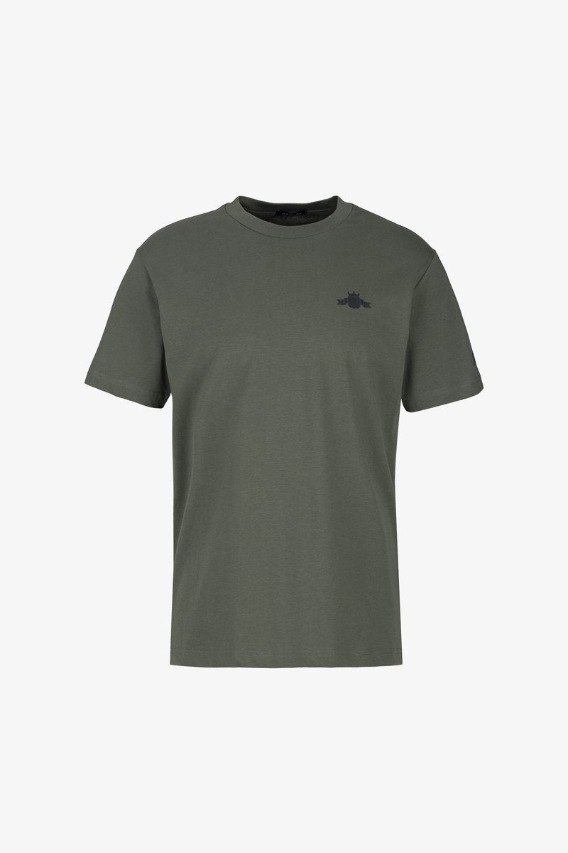 Olivgrünes Baumwoll-T-Shirt mit kurzen Ärmeln und Rundhalsausschnitt. Verfügt über ein kleines schwarzes Logo auf der Brust. Angenehme Textur, normale Passform.