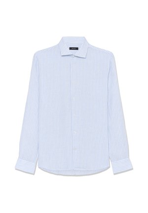 Világoskék és fehér, függőleges csíkos, hosszú ujjú, gombos ing, széles gallérral és gombos mandzsettával.