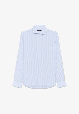 Világoskék és fehér, függőleges csíkos, hosszú ujjú, gombos ing, széles gallérral és gombos mandzsettával.