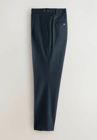 Navy blue trousers made of textured fabric, featuring a smooth waistband, two buttons, pleats, side pockets, and a single back pocket with button.
