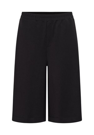 Shorts noirs mi-genou avec taille élastique et coupe droite, en tissu lisse.
