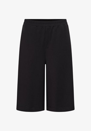 Shorts noirs mi-genou avec taille élastique et coupe droite, en tissu lisse.