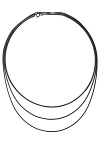 Drievoudige ketting in zwart metaal met een glad, afgerond ontwerp en getextureerde accenten. Bevat een veilige sluiting.