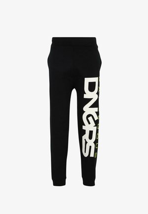 Black sweatpants made of cotton blend, featuring an elastic waistband and white and neon green "DNGRS" graphic print on the side.