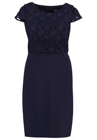 Robe bleu marine longueur genou avec corsage en dentelle florale texturée à manches courtes et jupe ajustée et lisse, encolure ronde, fermeture zippée au dos.