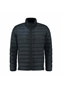 Zwarte pufferjas met een hoge kraag, ritssluiting aan de voorkant en een horizontaal stikselpatroon. Lichtgewicht met een gladde, glanzende textuur.