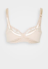 Μπεζ σουτιέν με λεπτομέρειες από δαντέλα, ρυθμιζόμενες τιράντες και κλείσιμο με γάντζο. Διαθέτει λείο ύφασμα και κυματιστές δαντελένιες λεπτομέρειες.