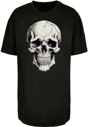 T-shirt negru cu un grafic mare, pixelat al unui craniu centrat pe față. Fabricat dintr-un material moale, cu o croială confortabilă și mâneci scurte.