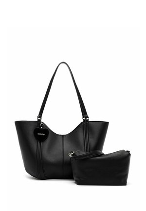Black leather tote bag with double shoulder straps and matching black zippered pouch beside it on a white background.