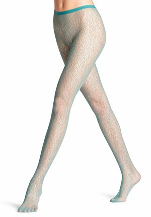 Collant a righe in un blu ceruleo chiaro con un motivo in pizzo testurizzato, dotati di una cintura larga e una costruzione open-toe, che mette in mostra la pelle sottostante.