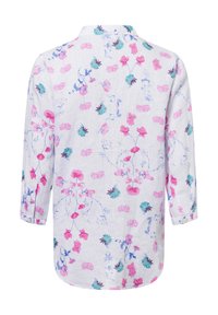 Weißes Leinenhemd mit floraler Musterung in Rosa-, Blau- und Grüntönen. Mit Kragen und knöpfbaren Ärmeln, im lässigen Schnitt.