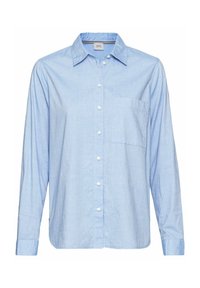 Chemise bleu clair à manches longues avec poche poitrine gauche à boutonnière et col classique, en tissu léger.