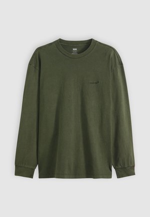 Long-sleeve, crew neck t-shirt in dark green cotton. Features a small black logo on the chest and ribbed cuffs. Smooth texture.