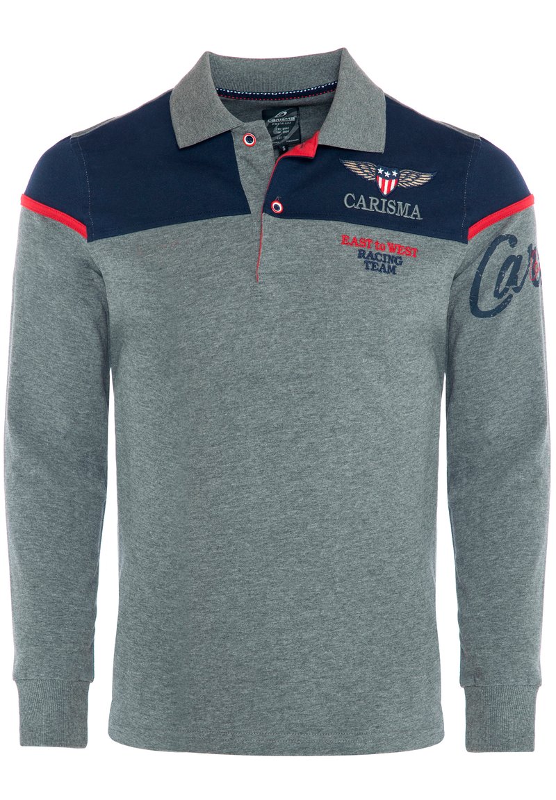 Grå langærmet polo-shirt med marineblå skuldre, røde detaljer og broderet logo. Den har en klassisk krave og en blød tekstur.