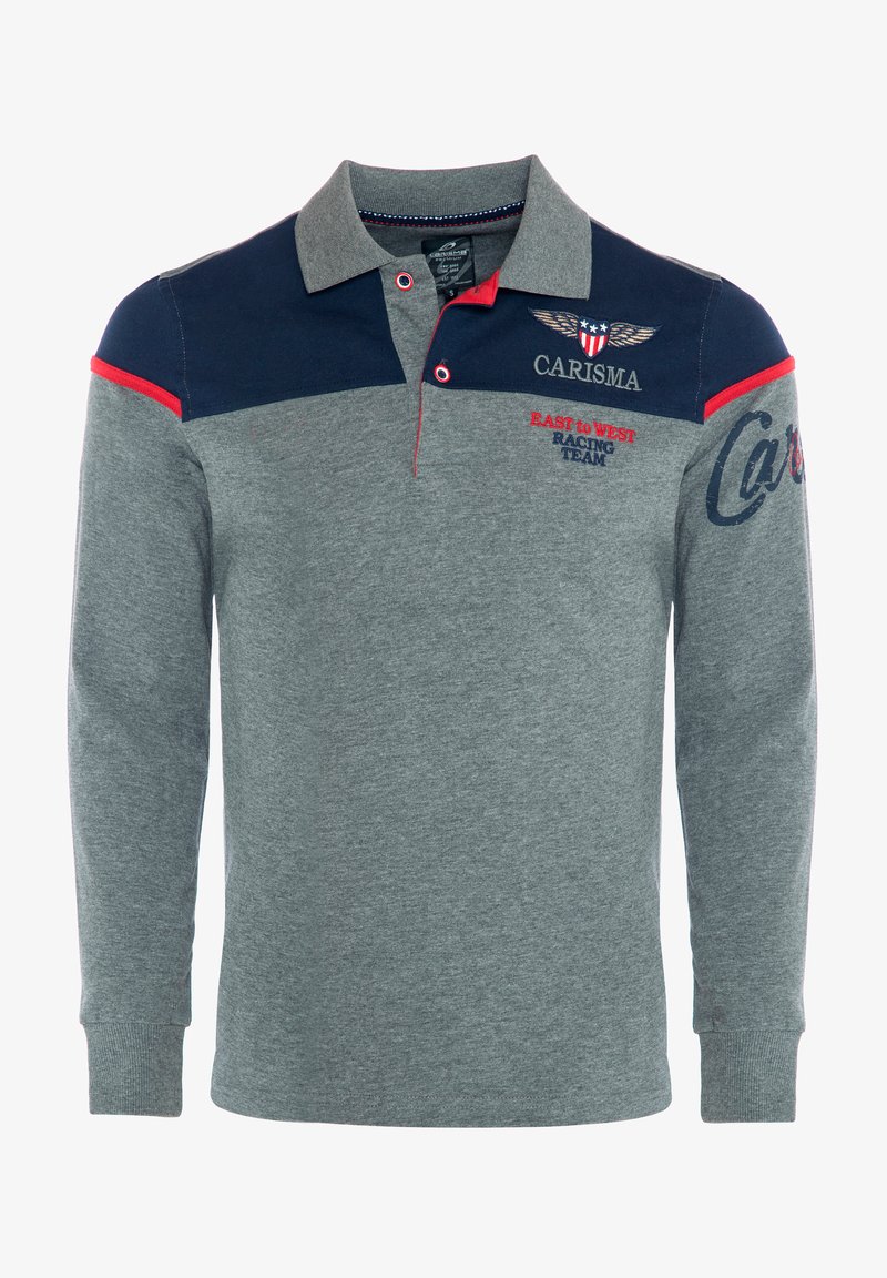 Grå langærmet polo-shirt med marineblå skuldre, røde detaljer og broderet logo. Den har en klassisk krave og en blød tekstur.