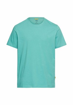 Lyseblå bomulds t-shirt med rund halsudskæring, korte ærmer og et lille logo på brystet. Glat tekstur og enkelt design.