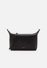 Must musta rihmast crossbody kott kahe lukuga taskuga, lame kuju, kuldne logo detail ees ja reguleeritav rihm.