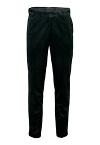 Pantaloni in corduroy verde scuro con una texture liscia, due bottoni frontali e una vestibilità sartoriale, con gambe dritte e senza tasche visibili.