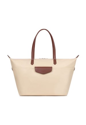 Borsa tote beige con manici in pelle marrone, patta anteriore in pelle marrone, base rettangolare e chiusura con cerniera sulla parte superiore.