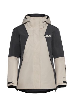 Giacca impermeabile in beige e grigio scuro. Caratterizzata da un colletto alto, tasche con zip e polsini regolabili. Realizzata con un tessuto resistente.