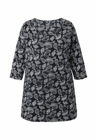 Schwarze Tunika mit weißem Paisley-Muster, rundem Ausschnitt und dreiviertellangen Ärmeln. Hergestellt aus weichem, leichtem Stoff mit lockerem Sitz.
