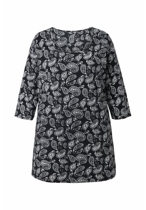 Černá tunika s bílým vzorem paisley, kulatým výstřihem a tří�čtvrtečními rukávy. Vyrobená z měkké, lehké látky s volným střihem.