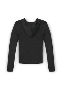 Kapuzensweater in Dunkelgrau, gerippte Textur, enganliegendes Design, lange Ärmel und eine Rückansicht, die eine schlichte, nahtlose Konstruktion zeigt.