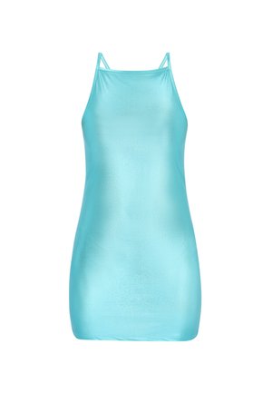 Aqua blauwe mouwloze jurk van glanzende, zachte stof met dunne bandjes en een aansluitende silhouet. Heeft een minimalistisch ontwerp.
