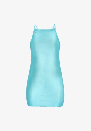Aqua modrá bezrukávová šaty z lesklého, hladkého materiálu s tenkými ramienkami a priliehajúcim strihom. Obsahuje minimalistický dizajn.