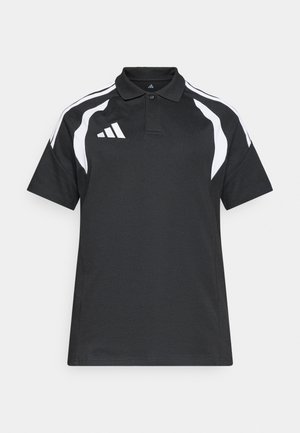 Polo noir avec des bandes blanches sur les côtés, manches courtes et col traditionnel. Présente un petit logo sur la poitrine. Texture de tissu douce.