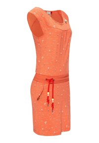 Abito arancione con scollo a barca, design senza maniche, vita con coulisse decorativa e motivo di piccoli stampe tropicali.