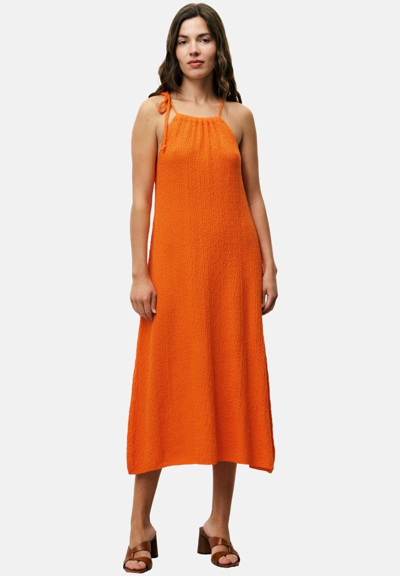 Orange ärmelloses Kleid aus strukturiertem Stoff, gerader Schnitt und verstellbaren Bindebändchen. Knielange Passform mit entspannter Silhouette.