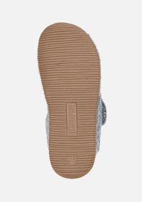 Grijze schoenen met een gewatteerde bovenkant van wol, rubberen zool met horizontale groeven en een gebosseleerd logo. Maat aangeduid als 25.