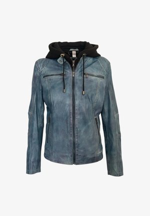 Blaue Lederjacke mit Frontreißverschluss, schwarzer Kapuze mit Kordelzug und mit Reißverschlüssen versehene Brust- und Seitentaschen.