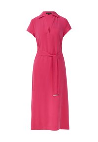 Rosa Kleid aus leichtem Stoff mit kurzen Ärmeln, einem Kragen und einem taillierten Schnitt. Knielanges Design mit gerader Silhouette.