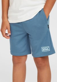Shorts en coton bleu avec une coupe ample, poches latérales et un détail de logo blanc sur la cuisse gauche. Texture lisse et design simple.