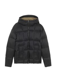 Schwarze gepolsterte Jacke mit Kapuze, mit einem Reißverschluss vorne, zwei großen Vordertaschen und einem kontrastierenden beigen Futter. Glatte Textur.