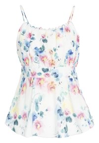 Bloemige tanktop met een witte achtergrond en roze, blauwe en gele aquarel bloemen, verstelbare bandjes en een uitlopend zoom.