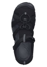Black sandal with a textured upper, adjustable straps, and a round toe. Features a quick-lacing system and cushioned footbed.