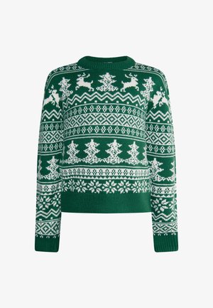 Zöld kötött pulóver, fehér Fair Isle mintákkal, köztük rénszarvasokkal, fákkal és hópelyhekkel; kerek nyak; bordás mandzsetta és alsó szegély.