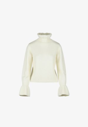 Maglione a collo alto di colore crema con texture a coste, maniche lunghe e polsini svasati. Il design è semplice e aderente.